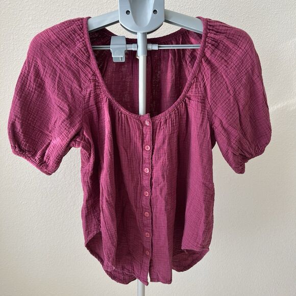 Pilcro Womens Blouse XS Purple Cotton Gauze Puff Sleeve Peasant Cottagecore Boho - Picture 1 of 6